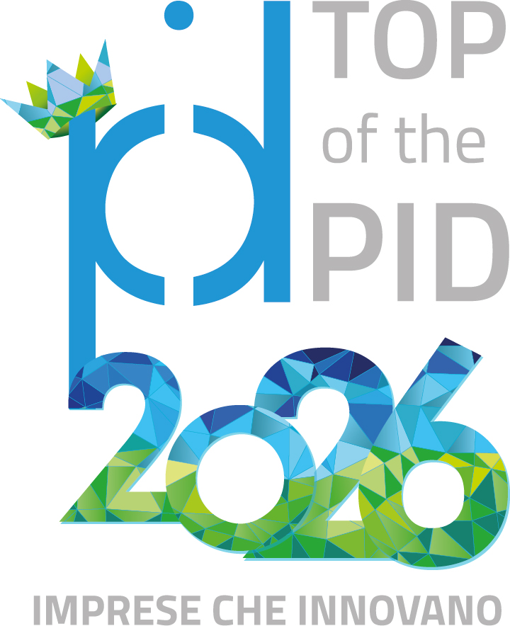 Logo "Top of the PID 2026 - Imprese che innovano". Grafica stilizzata in azzurro, grigio e verde con elementi geometrici a mosaico. Include la sigla "pid", l'anno "2026" e il claim "IMPRESE CHE INNOVANO".