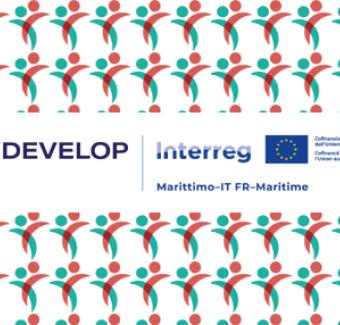 Logo del progetto DEVELOP affiancato al logo Interreg Marittimo-IT FR-Maritime e alla bandiera dell'Unione Europea. Lo sfondo presenta una trama ripetuta di icone stilizzate che rappresentano figure umane intrecciate nei colori verde acqua e rosso.
