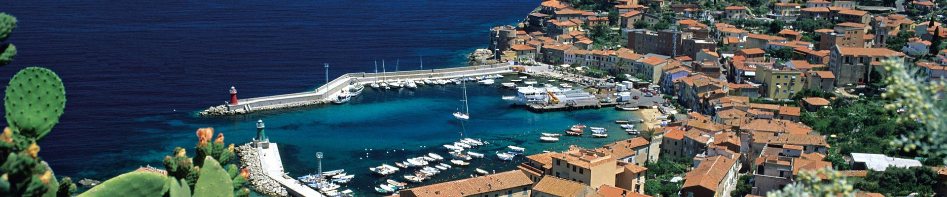 Veduta dall'alto del porto dell'Isola del Giglio con case colorate, moli e barche ormeggiate in un mare turchese